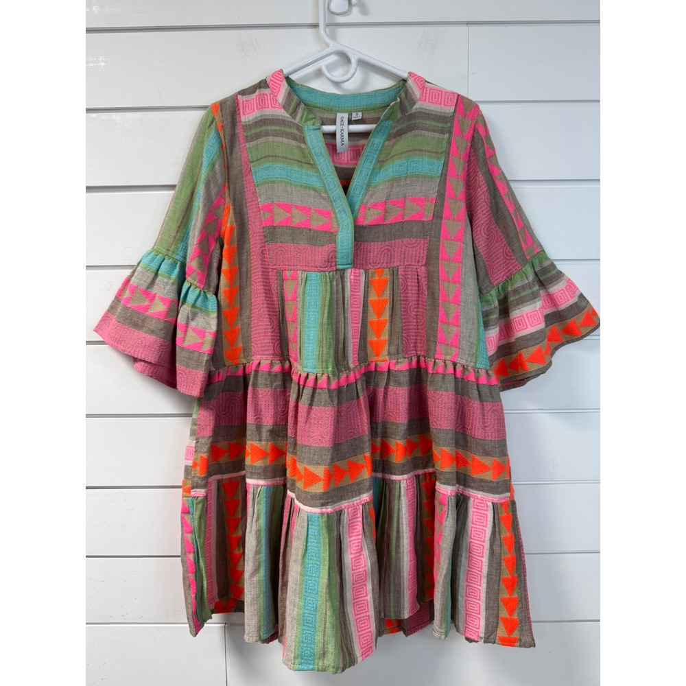 Grace + Karma Embroidered Tiered Boho Mini Dress Pink Orange Green Small